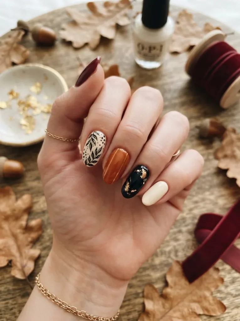 ![A detailed mix-and-match Halloween manicure featuring ghosts, pumpkins, spiderwebs, bats, moons, black French tips, and checkerboard patterns in black, orange, cream, purple, and metallic gold, vertical Pinterest beauty photography.]