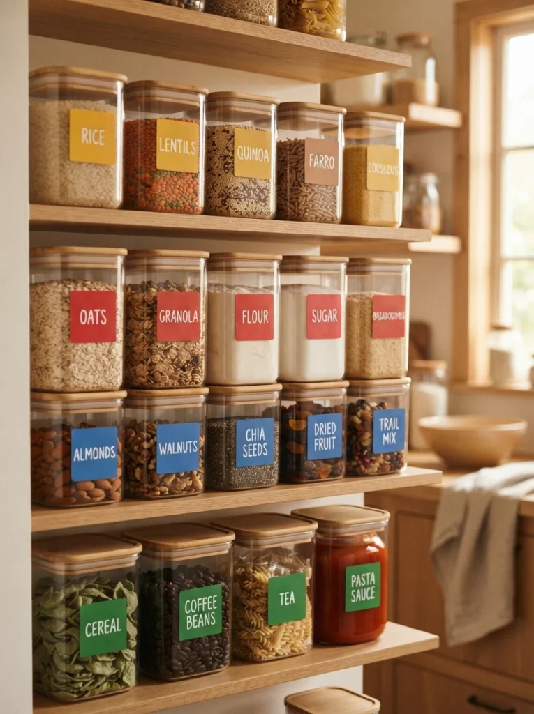 Color-coded labels on pantry containers, different colors indicating different food categories, warm kitchen lighting, vertical Pinterest photography, warm color-coded styling.