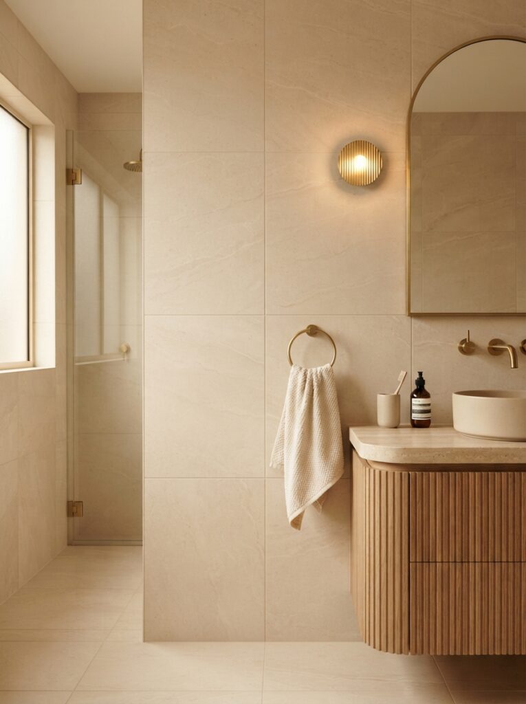 ![Color-matched grout in a modern bathroom, minimal visual contrast between tile and grout lines, warm bathroom lighting, vertical Pinterest photography, warm matched-grout styling.]