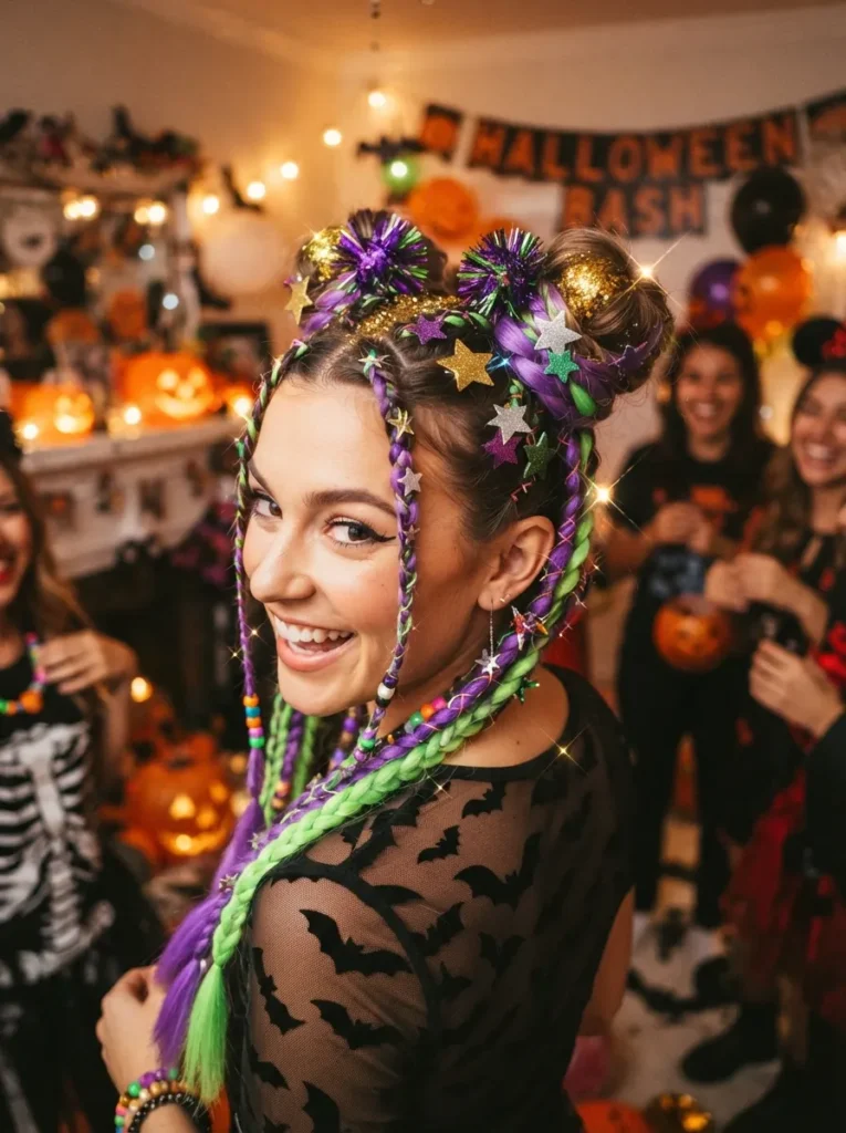 Halloween hairstyle with a patterned scarf featuring bats and spiderwebs tied around a low ponytail, loose waves, autumn outfit, stylish spooky vertical Pinterest beauty photography.
