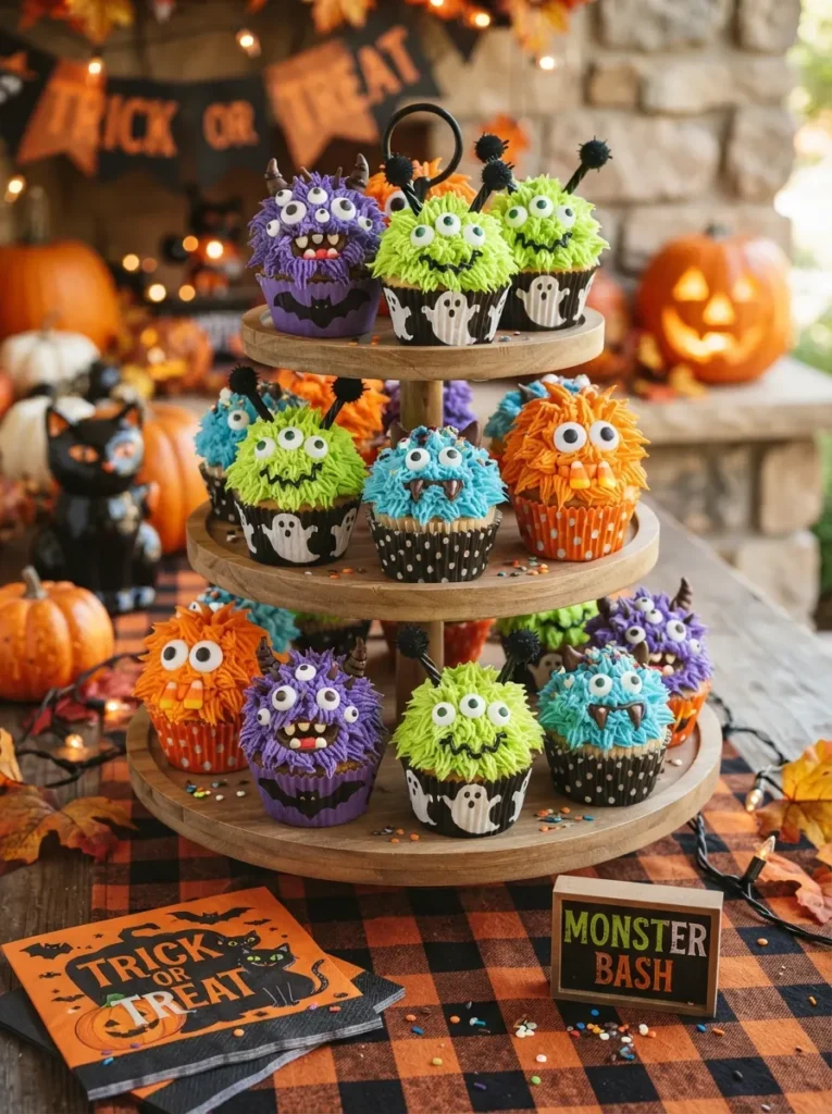 Colorful Halloween monster cupcakes with shaggy purple, green, orange, and blue frosting, assorted candy eyes, chocolate details, and playful expressions, festive dessert table, vertical Pinterest photography.