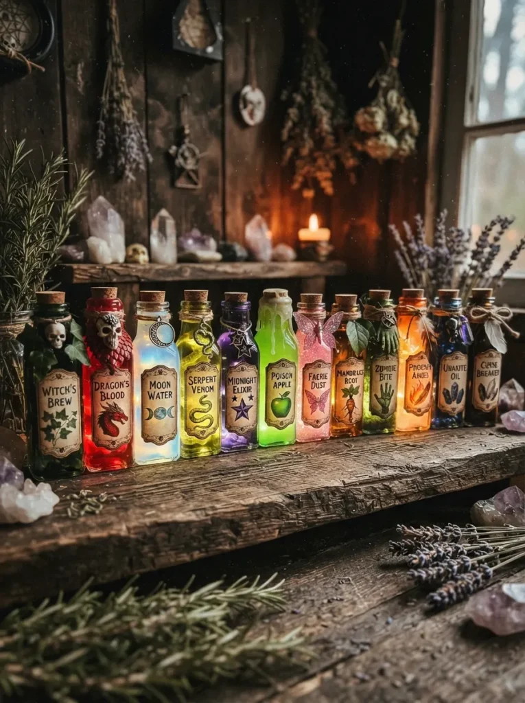 ![Row of colorful potion bottles with spooky labels and soft internal LED glow, dark wooden shelf background, vertical Pinterest photography, witchy-potion-bottle styling.]