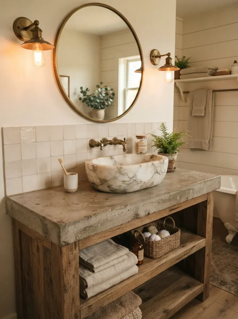 ![A rustic concrete vanity top in a farmhouse bathroom, paired with a weathered marble basin, warm bathroom lighting, vertical Pinterest photography, warm concrete-vanity styling.]