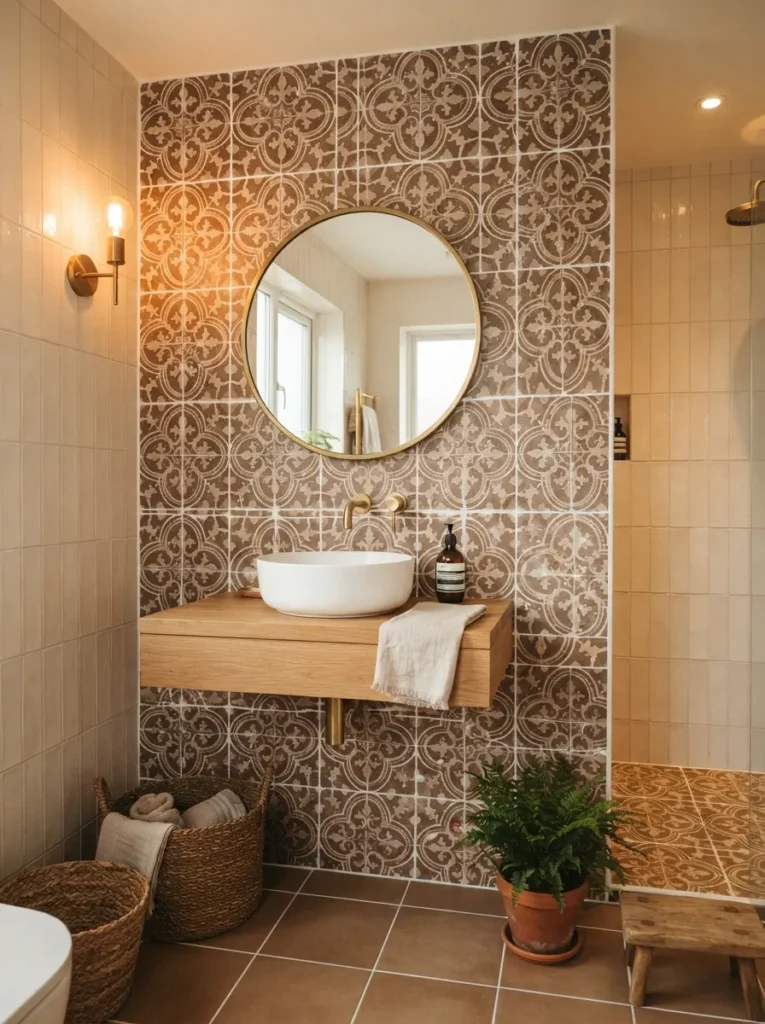 ![Contrasting grout used with patterned brown tile in a bathroom, pattern clearly visible, warm bathroom lighting, vertical Pinterest photography, warm contrasting-grout styling.]