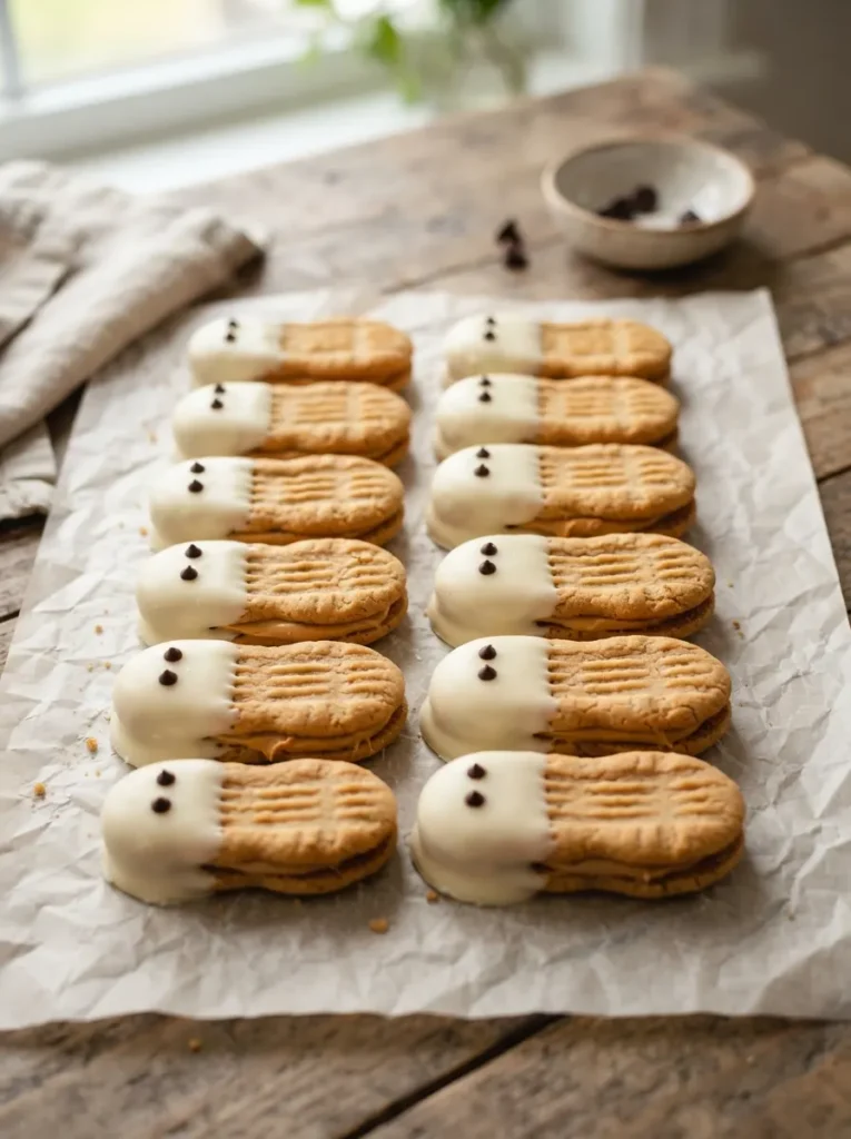 ![Elongated peanut butter sandwich cookies dipped halfway in smooth white chocolate with tiny dark chocolate dot eyes, arranged cleanly on parchment paper, bright natural light, vertical Pinterest photography, artisan ghost cookie styling.]