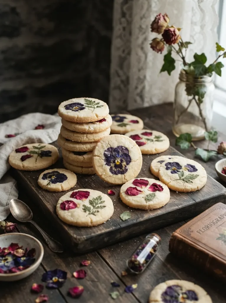 ![Plain round sugar cookies baked with edible, dark purple pansies and deep red rose petals pressed directly into the dough, romantic and gothic, crisp light, vertical Pinterest photography, Victorian botanical baking styling.]