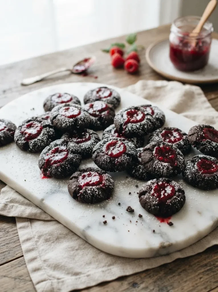 ![Dark black cocoa thumbprint cookies filled perfectly with glossy, bright red raspberry jam, arranged on a white marble platter, crisp daytime lighting, vertical Pinterest photography, dramatic bleeding heart pastry styling.]