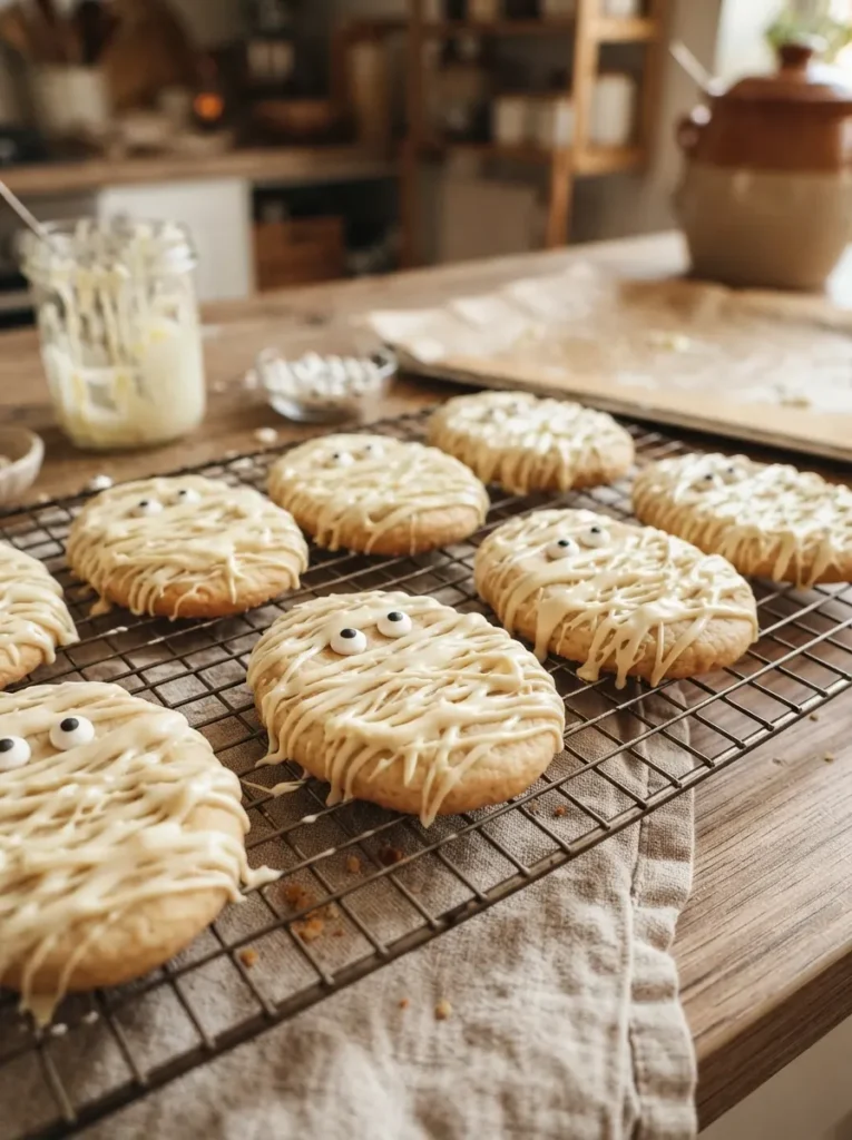 ![Oval cookies covered in chaotic, overlapping zig-zags of white chocolate with two tiny candy eyes peeking out, resting on a wire cooling rack, warm kitchen lighting, vertical Pinterest photography, clever mummy cookie styling.]