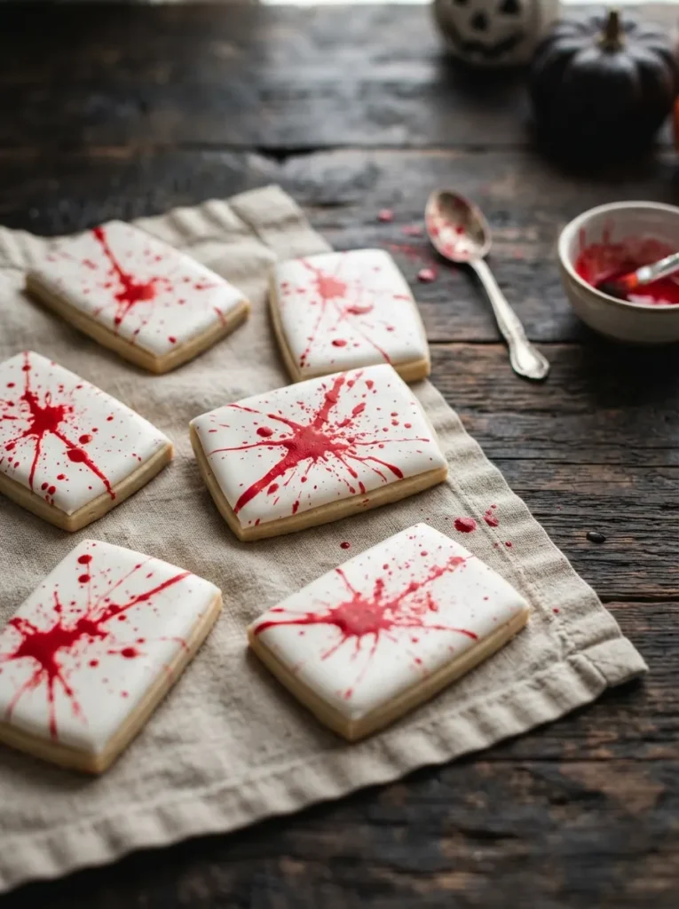 ![Rectangular cookies with smooth white icing, aggressively spattered with bright red edible food coloring like an abstract crime scene, resting on dark wood, crisp lighting, vertical Pinterest photography, modern abstract Halloween styling.]