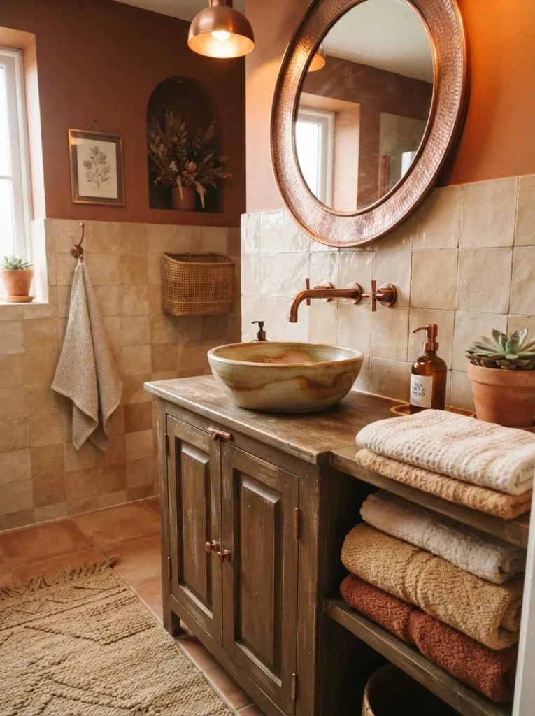 ![Burnished copper hardware in an earth-tone bathroom, enhancing the warm aesthetic, warm bathroom lighting, vertical Pinterest photography, warm copper-hardware styling.]