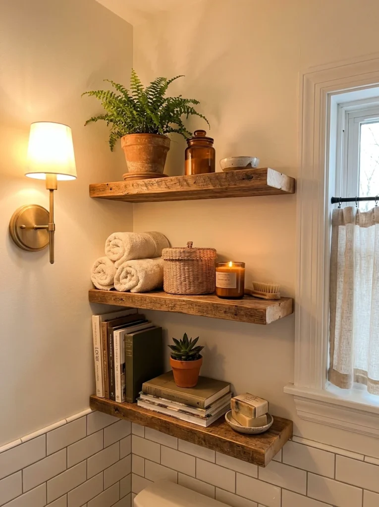 A corner shelf mounted in a small bathroom, using previously wasted corner space, warm bathroom lighting, vertical Pinterest photography, warm corner-shelf styling.