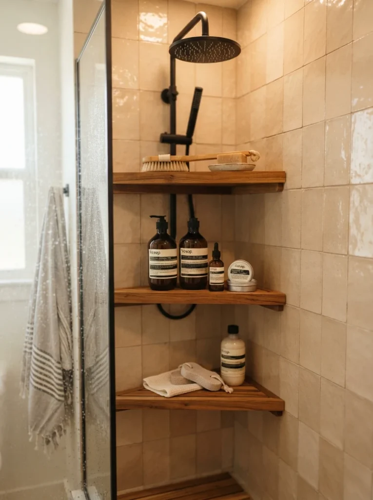 Corner shelves installed inside a small walk-in shower, holding toiletries neatly, warm bathroom lighting, vertical Pinterest photography, warm corner-shelf styling.