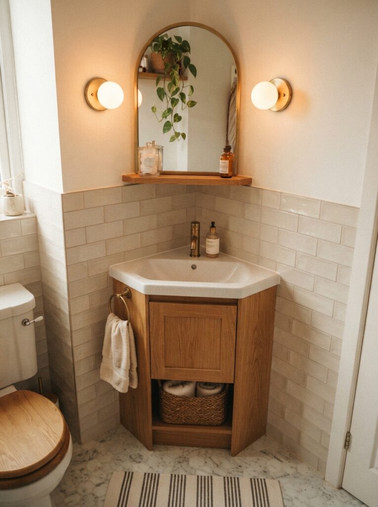 ![A corner sink installed in a small bathroom, making use of an awkward corner, warm bathroom lighting, vertical Pinterest photography, warm corner-fit styling.]