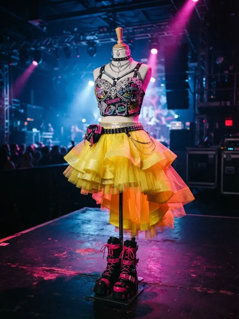 ![Mira inspired KPop Demon Hunters Halloween costume, woman wearing an embellished graphic top, bright yellow skirt, pink-accented boots and stylish stage accessories, colorful K-pop performance inspired setting, dramatic pink and blue lighting, realistic fashion photography, vertical Pinterest composition, no text.]