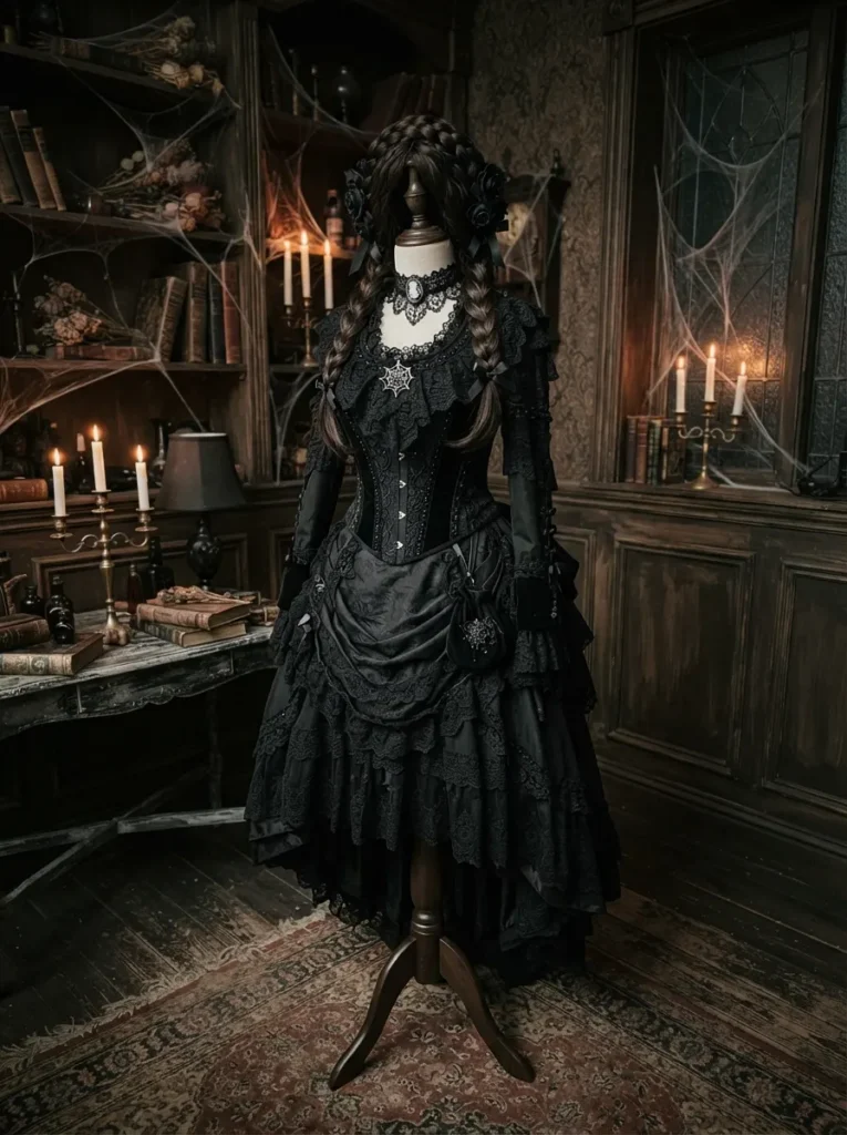 ![Wednesday Addams inspired Halloween costume, woman wearing a black collared dress with long dark braided hair and gothic makeup, moody Victorian-inspired room, dark candles and subtle spiderweb decorations, dramatic soft lighting, realistic photography, vertical Pinterest composition, no text.]