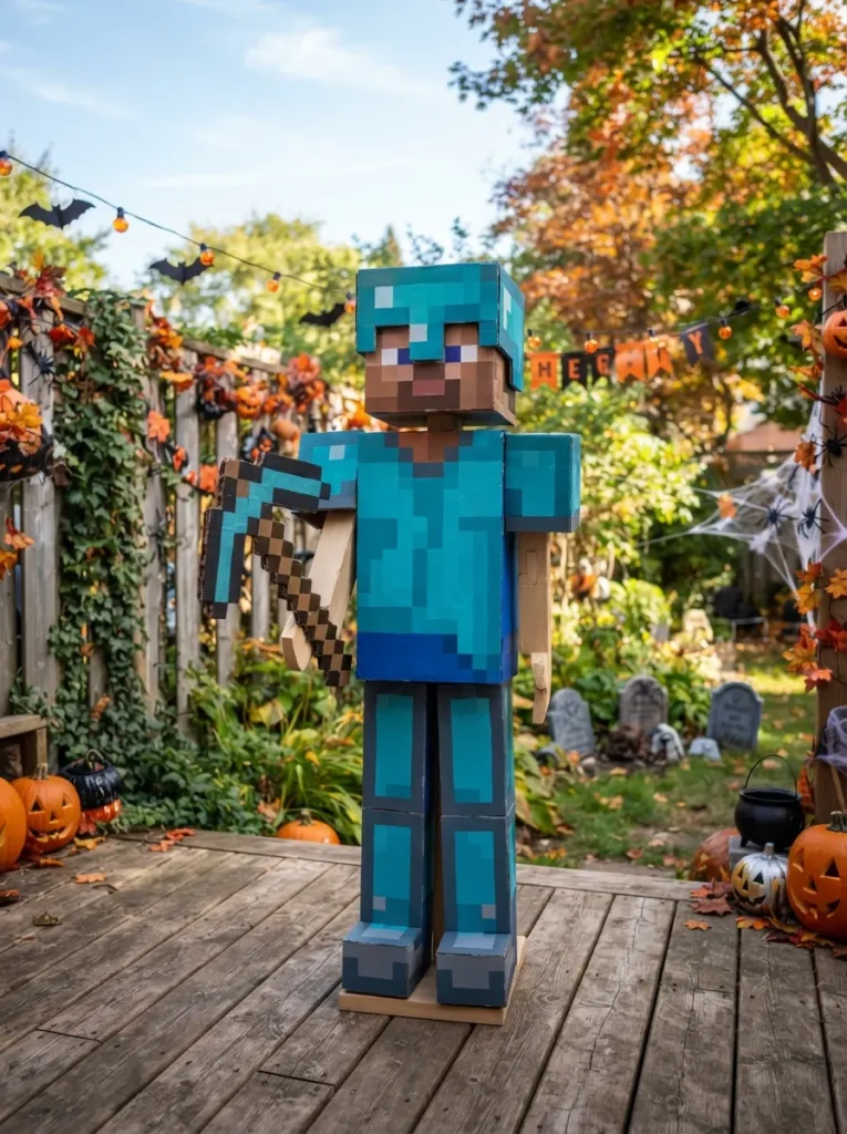 ![Minecraft inspired Halloween costume, child wearing a recognizable pixelated Minecraft character outfit with blocky accessories and cardboard pickaxe, Minecraft-inspired backyard setting, autumn Halloween decorations, bright realistic photography, vertical Pinterest composition, no text.]