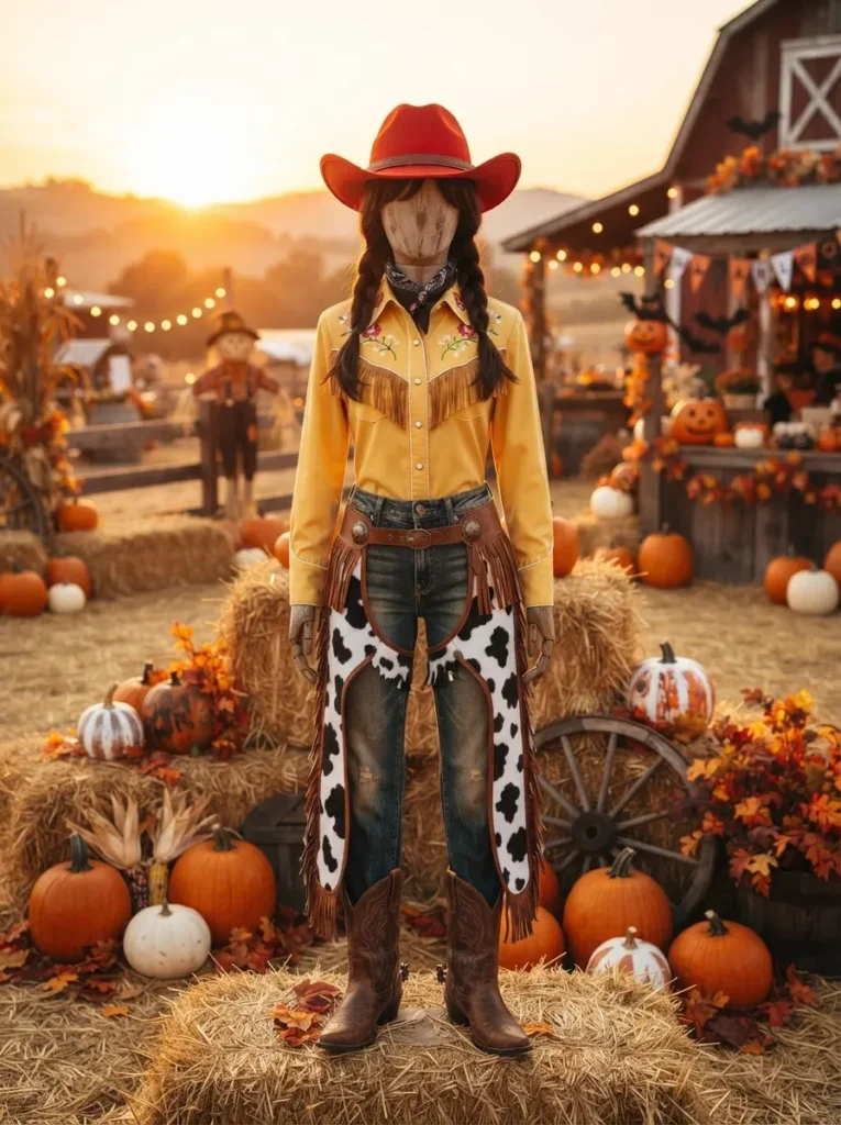 ![Jessie from Toy Story inspired Halloween costume, woman wearing a red cowgirl hat, yellow shirt with western details, cow-print chaps and jeans, playful autumn farm setting decorated for Halloween, warm golden-hour lighting, realistic photography, vertical Pinterest composition, no text.]