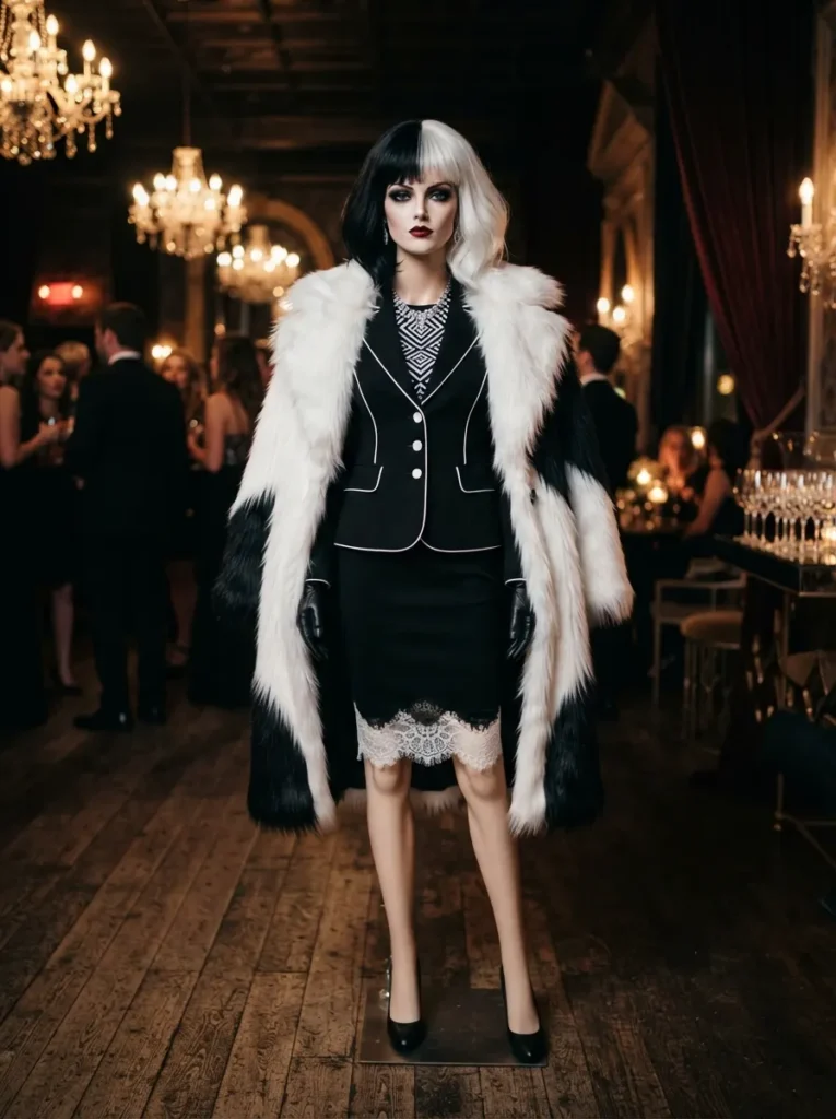 ![Cruella de Vil inspired Halloween costume, woman with dramatic half-black half-white hair, black and white outfit, faux fur coat and bold red lipstick, glamorous dark Halloween party setting, cinematic lighting, realistic fashion photography, vertical Pinterest composition, no text.]