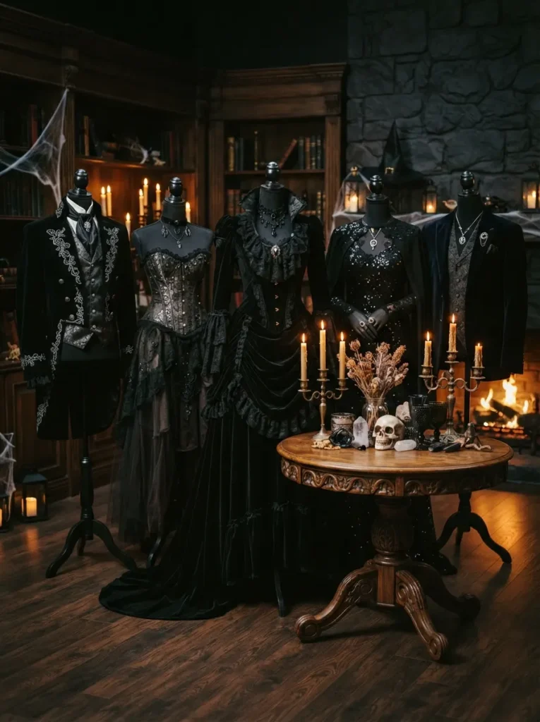 ![The Traitors inspired Halloween group costume, group of adults wearing elegant dark eveningwear, velvet jackets, dramatic dresses and statement jewelry around a gothic round table, candles and subtle Halloween decorations, moody cinematic lighting, realistic photography, vertical Pinterest composition, no text.]