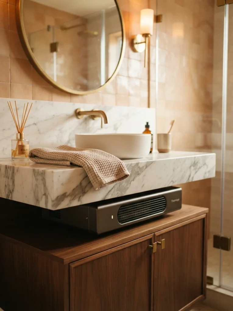 A radiant countertop heater installed beneath a stone bathroom vanity surface, warm bathroom lighting, vertical Pinterest photography, warm countertop-heater styling.