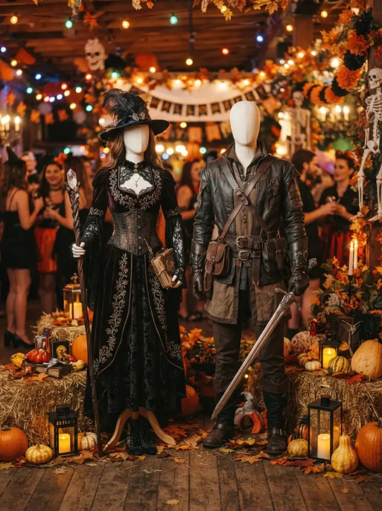 ![2026 pop culture inspired Halloween couple costume, stylish young couple dressed as recognizable fictional pop culture characters with contrasting outfits, posing together at a lively Halloween party, autumn decorations, warm cinematic lighting, realistic editorial photography, vertical Pinterest composition, no text.]