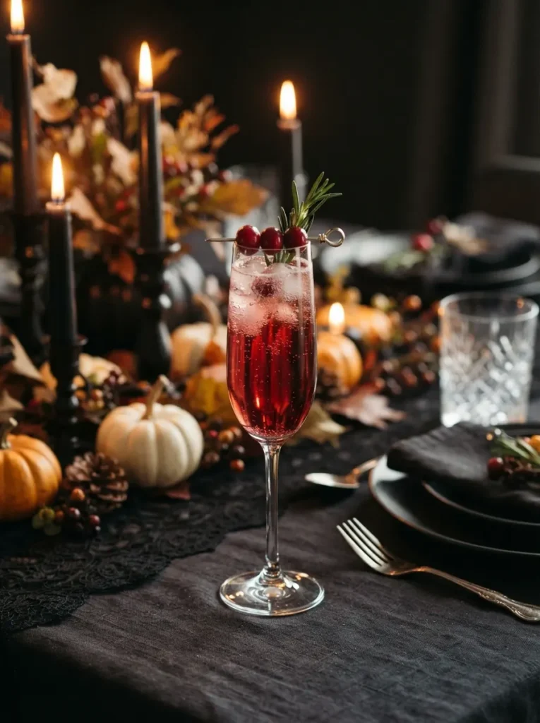 ![An elegant sparkling cranberry Halloween cocktail served in a refined champagne flute, rich ruby-red drink with delicate bubbles, fresh cranberries and a small rosemary sprig garnish, sophisticated black dinner table with dark candles, autumn foliage and miniature pumpkins, warm low candlelight, upscale Halloween dinner atmosphere, realistic cocktail photography, vertical Pinterest composition, no text.]