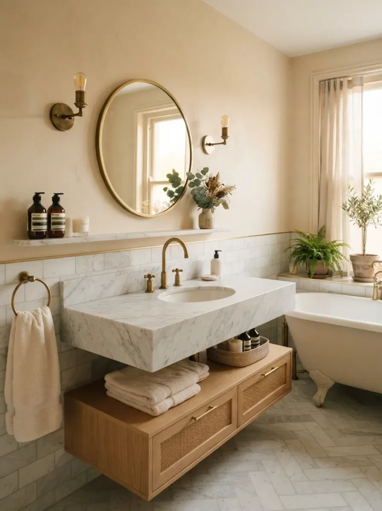 ![A soft warm cream paint color on bathroom walls, peaceful backdrop for marble and brass accents, warm bathroom lighting, vertical Pinterest photography, warm cream-base styling.]