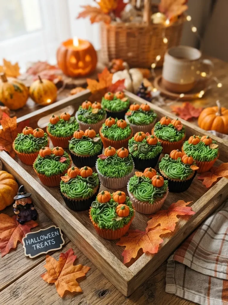 ![A Halloween pumpkin patch cupcake display with green buttercream grass, orange candy pumpkins, piped vines, and autumn decorations on a wooden tray, vertical Pinterest photography.]