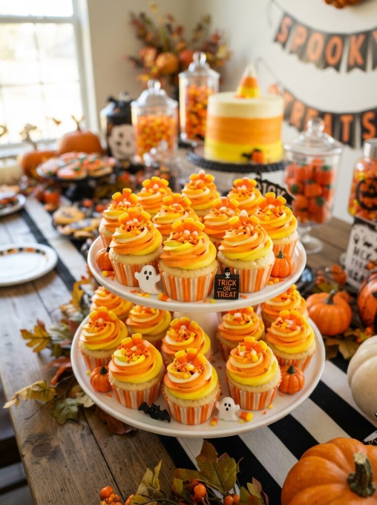 Halloween candy corn cupcakes with layered yellow, orange, and white buttercream swirls, topped with candy corn pieces, bright festive dessert table, vertical Pinterest photography.