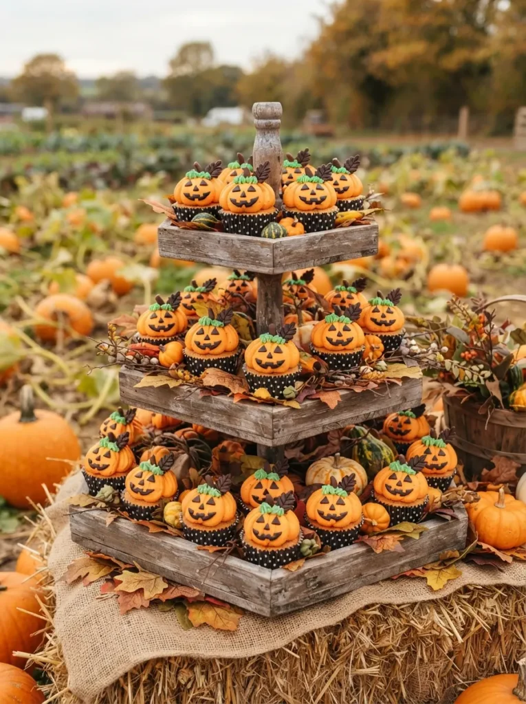 Orange Halloween cupcakes decorated with black jack-o’-lantern faces, green frosting stems, and autumn leaves, arranged in a pumpkin patch display, vertical Pinterest photography.