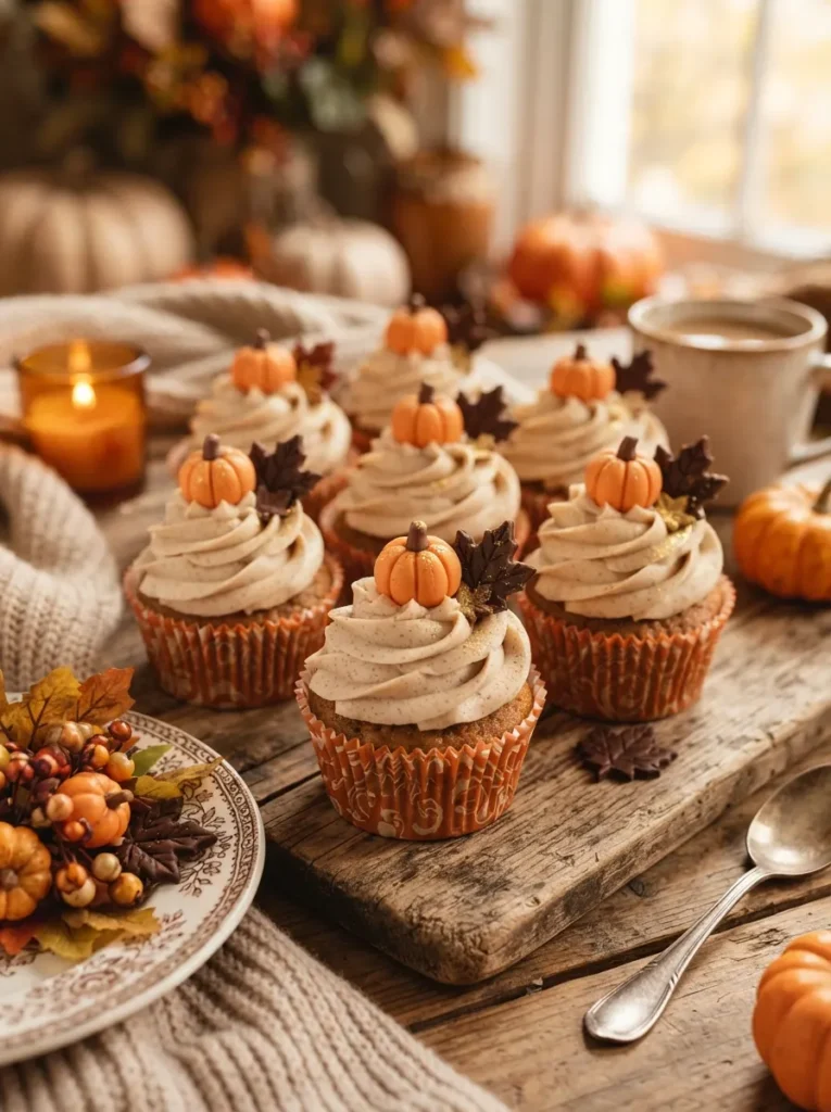 ![Elegant pumpkin spice Halloween cupcakes with tall cinnamon buttercream swirls, tiny fondant pumpkins, chocolate leaves, and warm autumn dessert styling, vertical Pinterest photography.]