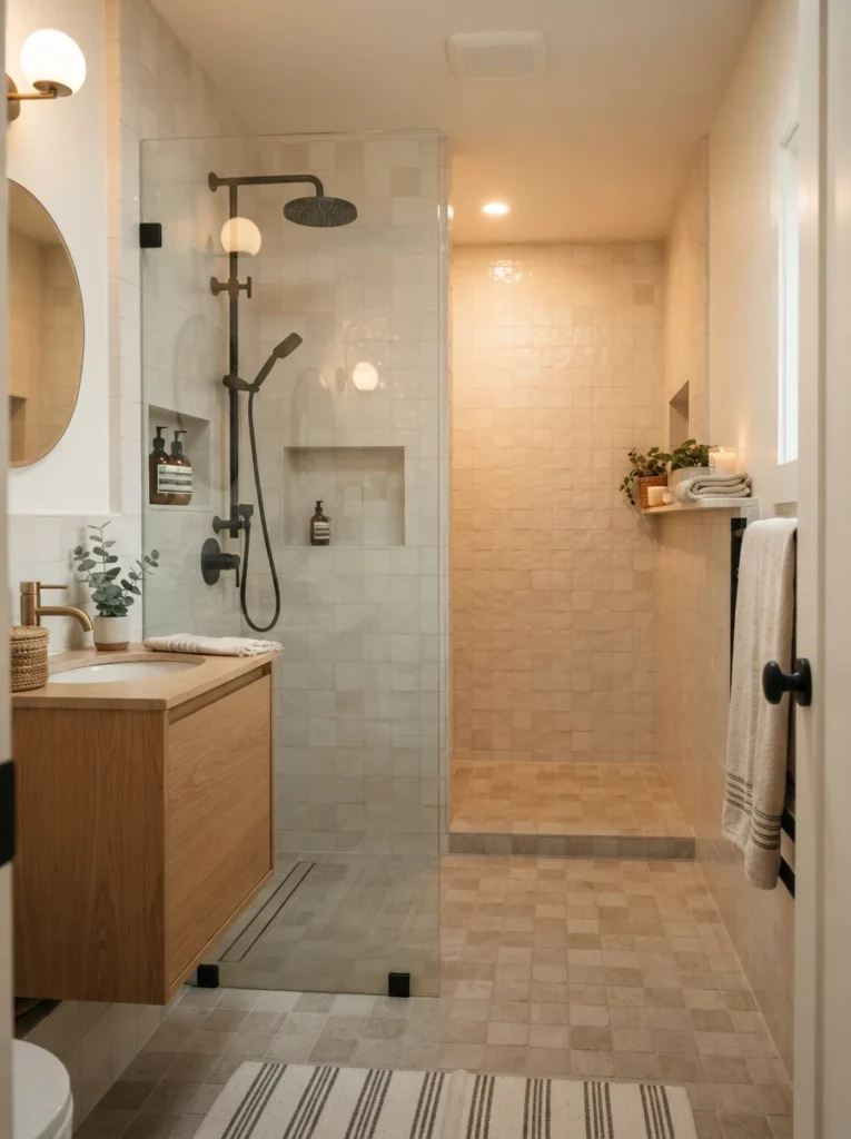 A curbless shower in a small bathroom, flooring continuing seamlessly from the main room into the shower, warm bathroom lighting, vertical Pinterest photography, warm curbless-shower styling.