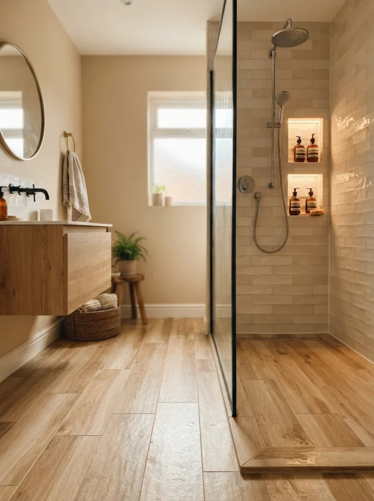 A curbless shower entry in a small bathroom, flooring continuing seamlessly from the main floor into the shower, warm bathroom lighting, vertical Pinterest photography, warm curbless-entry styling.