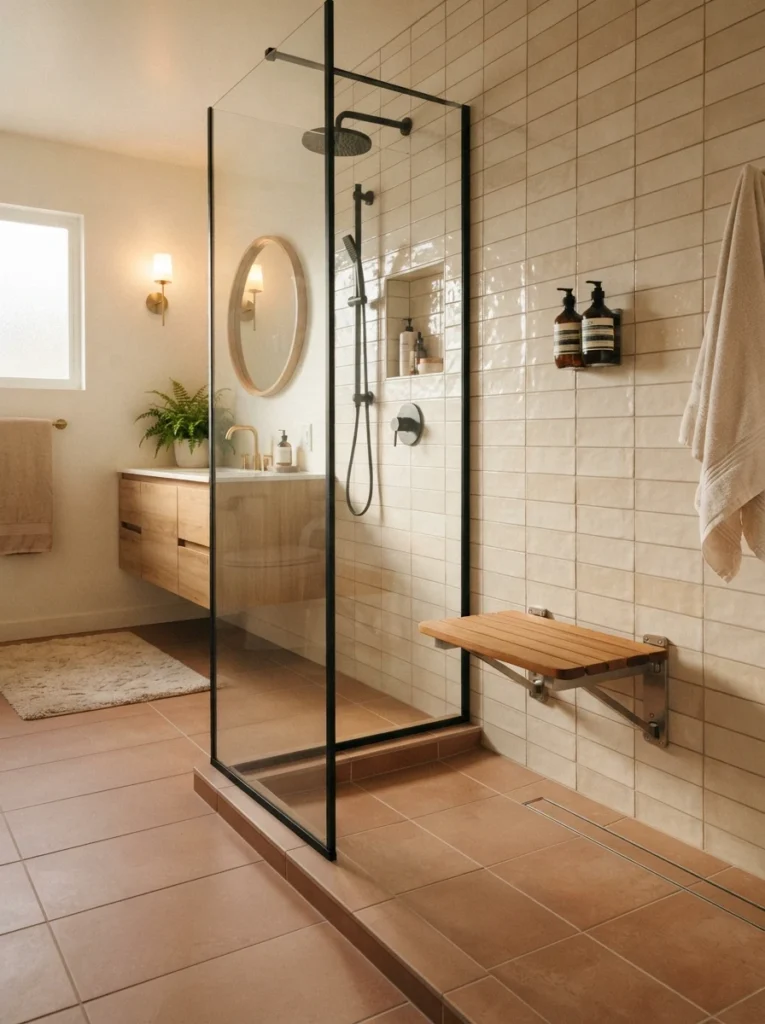 A zero-threshold curbless shower with a fold-down bench, replacing a standard tub with a high curb, warm bathroom lighting, vertical Pinterest photography, warm curbless-bench styling.