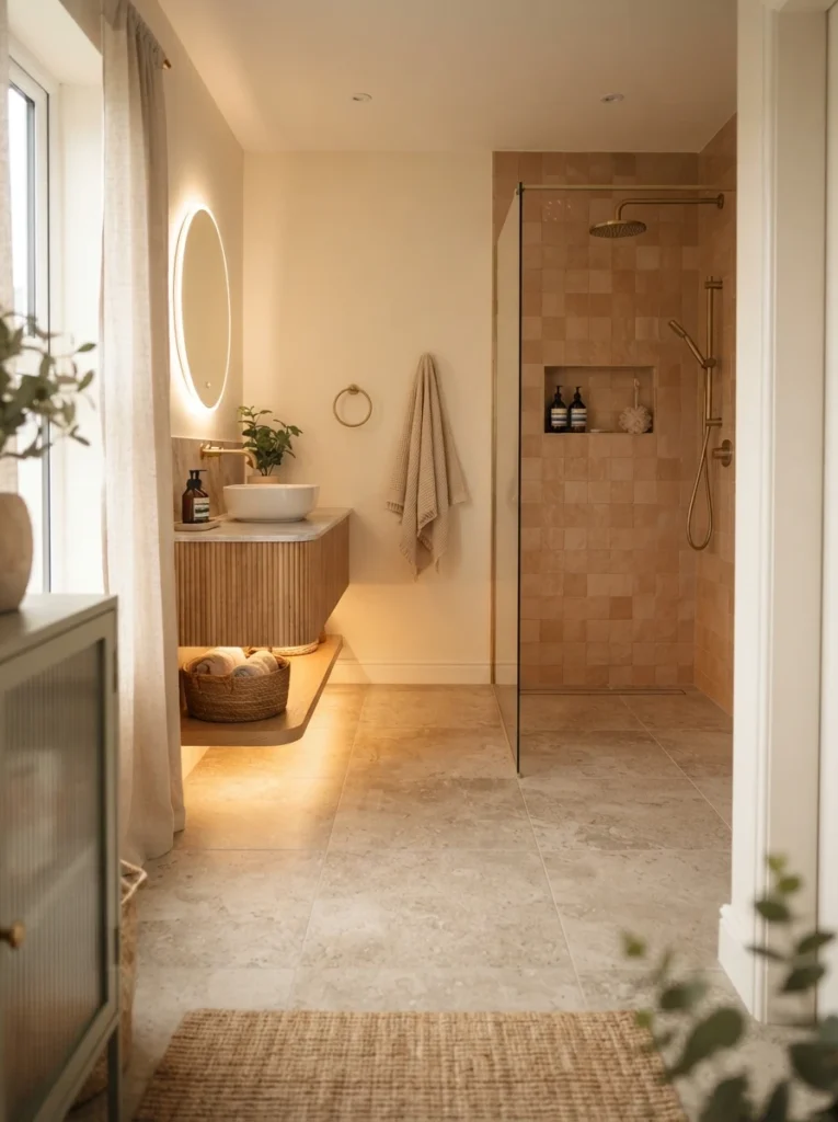 A curbless wet room bathroom layout, flooring running seamlessly from the main room into the shower, warm bathroom lighting, vertical Pinterest photography, warm wet-room styling.