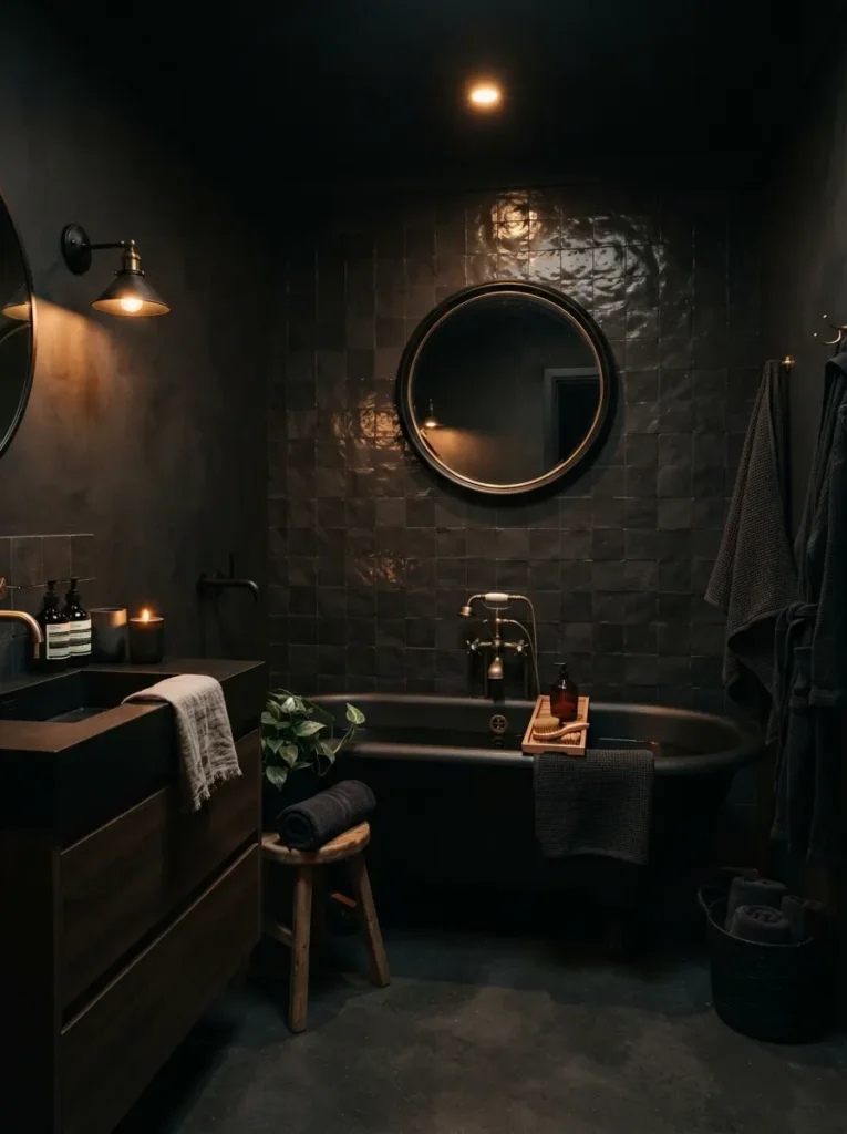 A fully committed black bathroom, consistent dark palette throughout, warm bathroom lighting, vertical Pinterest photography, warm full-commitment styling.