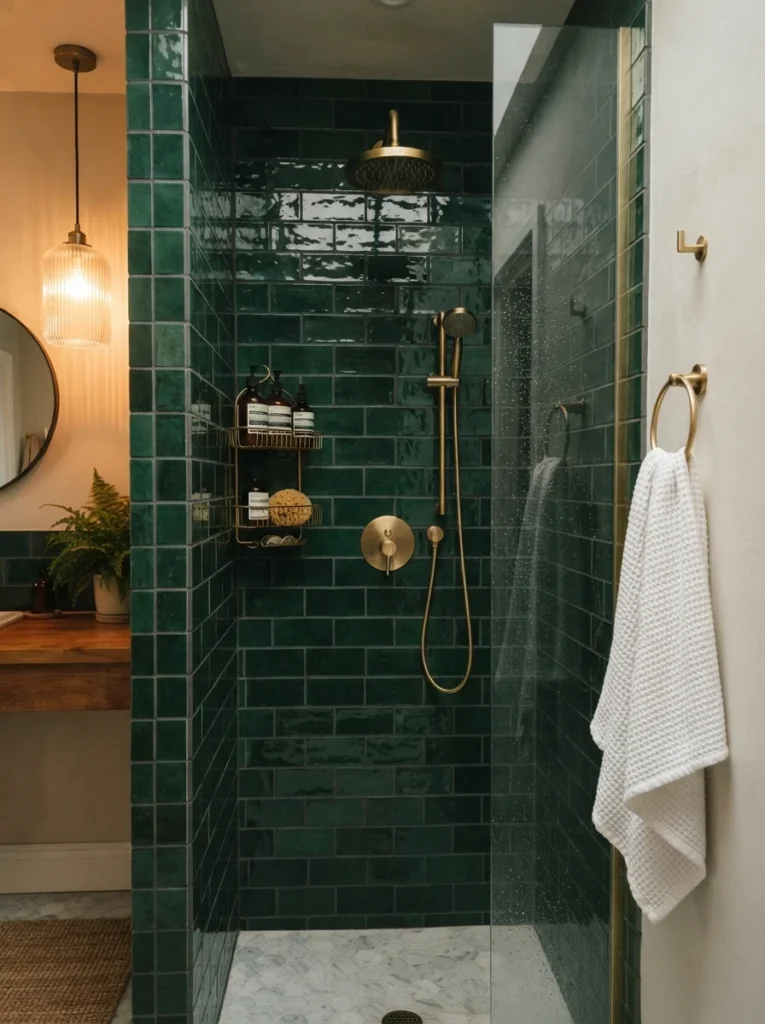 Dark emerald subway tile in a bathroom shower, classic layout with rich color depth, warm bathroom lighting, vertical Pinterest photography, warm emerald-subway styling.