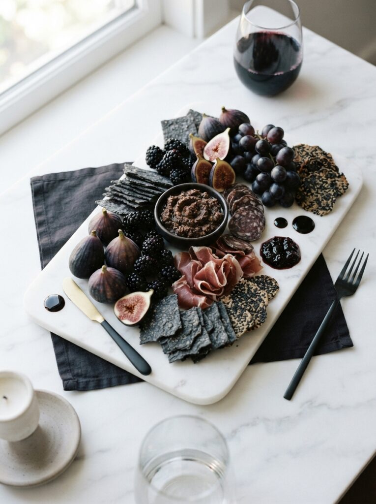 ![A chic charcuterie spread featuring only black and dark purple ingredients like blackberries, dark figs, and charcoal crackers, arranged on a pristine white marble platter, crisp natural light, vertical Pinterest photography, minimalist black charcuterie styling.]