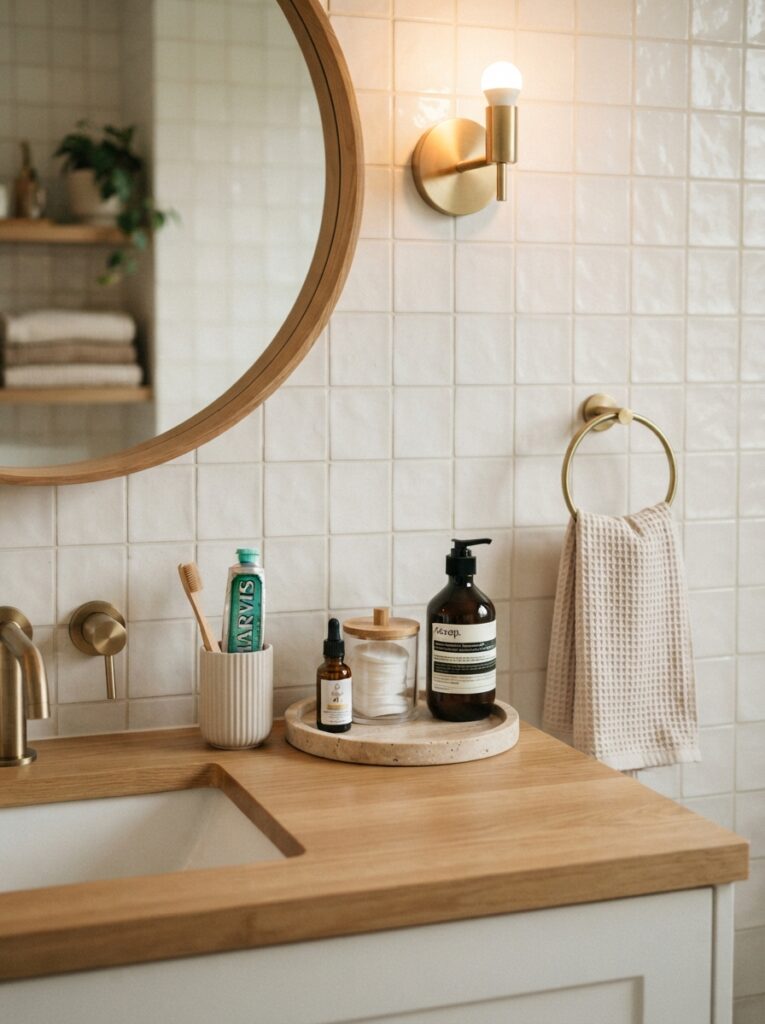 ![A decluttered bathroom counter holding only daily-use essentials, rest of the space clear, warm bathroom lighting, vertical Pinterest photography, warm decluttered styling.]