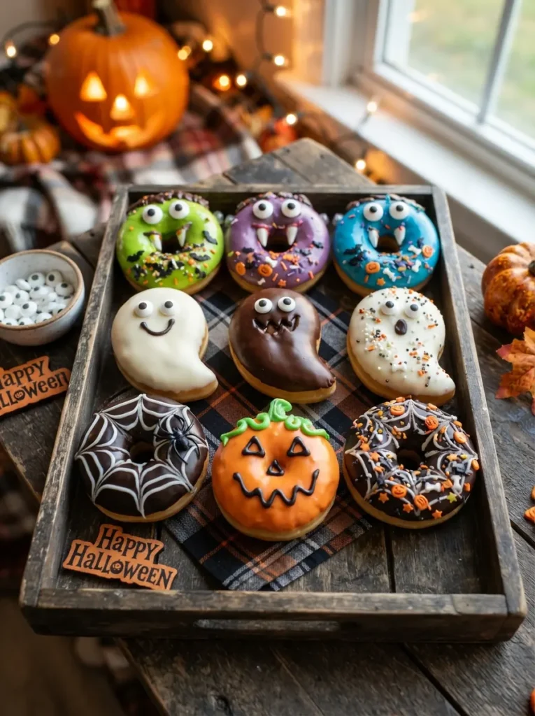 ![Halloween donuts decorated as monsters, ghosts, spiders, and jack-o’-lanterns with candy eyes, chocolate icing, orange glaze, and colorful sprinkles, vertical Pinterest photography.]