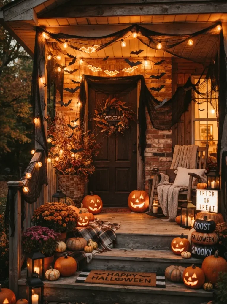 ![A Halloween porch decorated with warm amber string lights, black gauze, hanging bats, dried branches, and pumpkins, cozy spooky evening atmosphere, vertical Pinterest photography.]