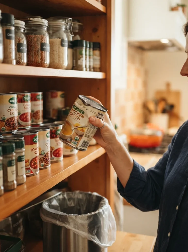 A grocery list being checked against realistic canned goods usage before a shopping trip, warm kitchen lighting, vertical Pinterest photography, warm realistic-buying styling.