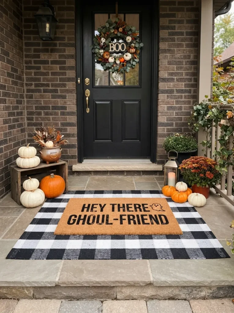 ![A front door threshold featuring a spooky typography coir doormat layered cleanly over a larger black-and-white buffalo check cotton rug, framed by small pumpkins, vertical Pinterest photography, layered pattern entrance styling.]