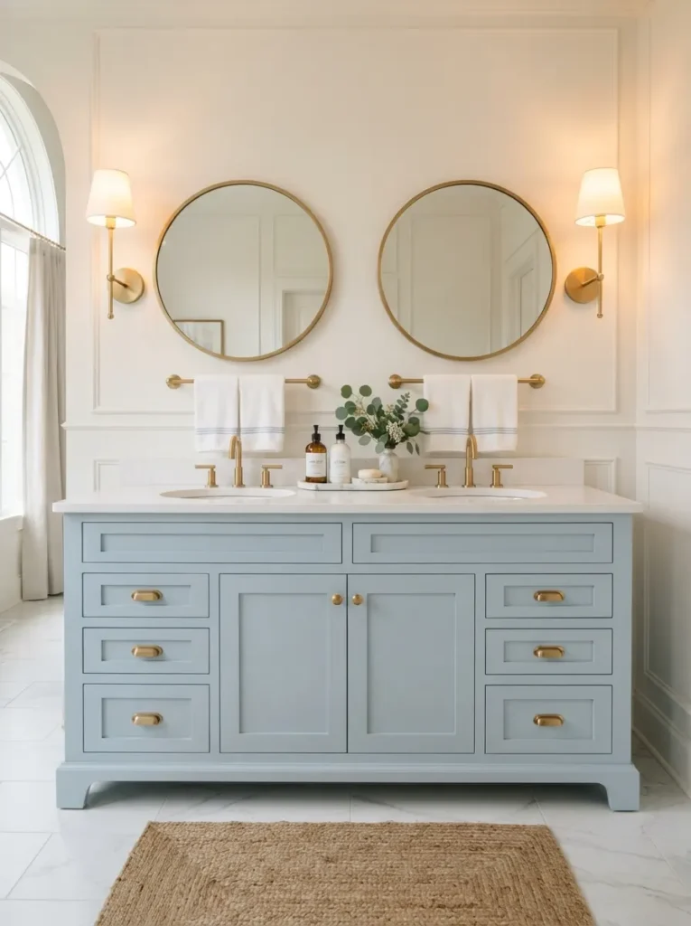 ![A powdery soft blue double vanity with twin mirrors, symmetrical and calm, warm bathroom lighting, vertical Pinterest photography, warm powder-blue-symmetry styling.]