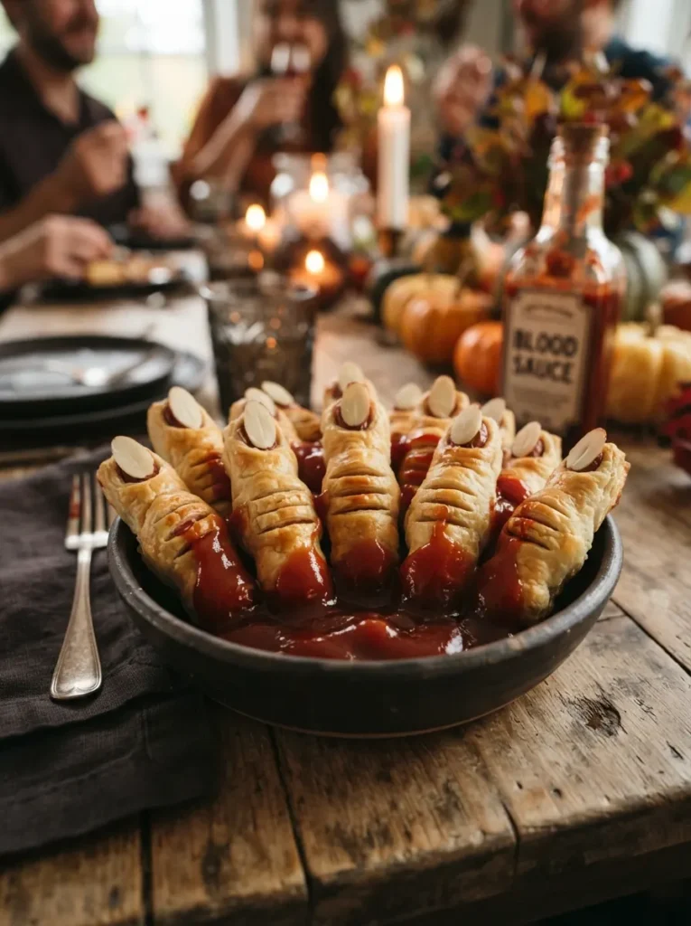 ![Cocktail sausages wrapped in golden baked dough, detailed with knife-cut knuckles and sliced almond fingernails, dipped in red ketchup blood, vertical Pinterest photography, gruesome but tasty appetizer styling.]