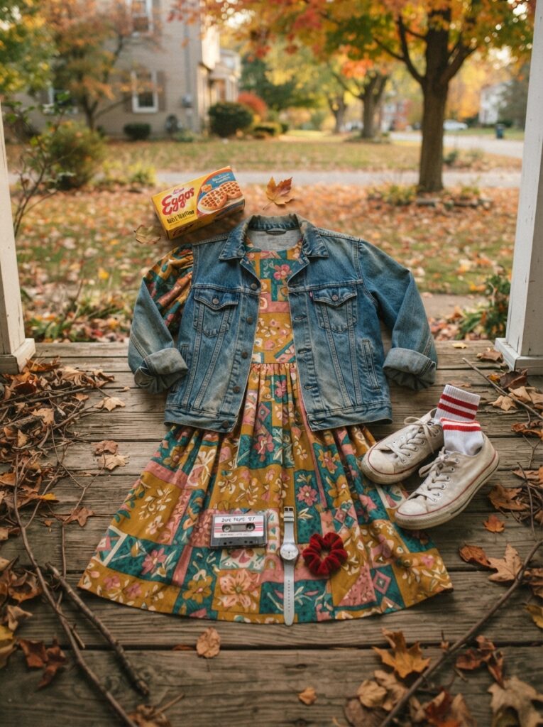 ![Eleven from Stranger Things inspired Halloween costume, young woman wearing a vintage 1980s dress with denim jacket, striped socks and sneakers, holding a small box of waffles, suburban autumn setting, nostalgic cinematic lighting, realistic photography, vertical Pinterest composition, no text.]