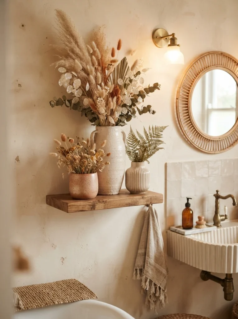 Dried botanicals arranged in ceramic vessels in a boho bathroom, warm bathroom lighting, vertical Pinterest photography, warm dried-botanical styling.