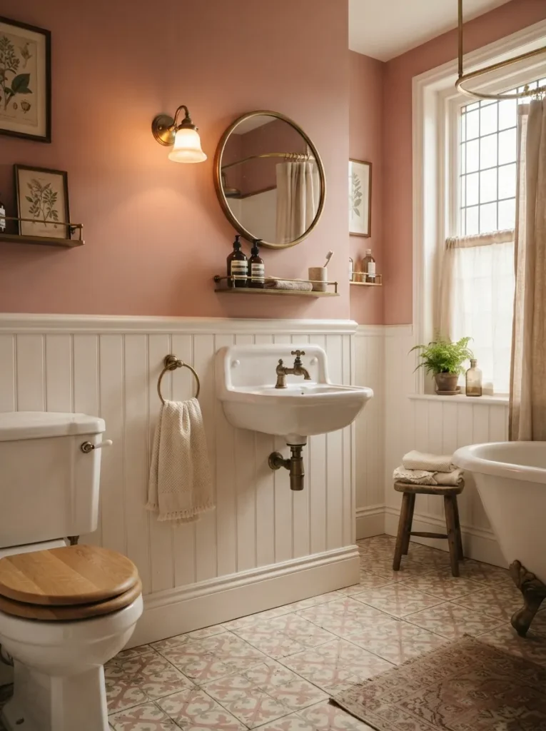 ![A dusty rose bathroom above white beadboard, classic period-home pairing, warm bathroom lighting, vertical Pinterest photography, warm dusty-rose-beadboard styling.]