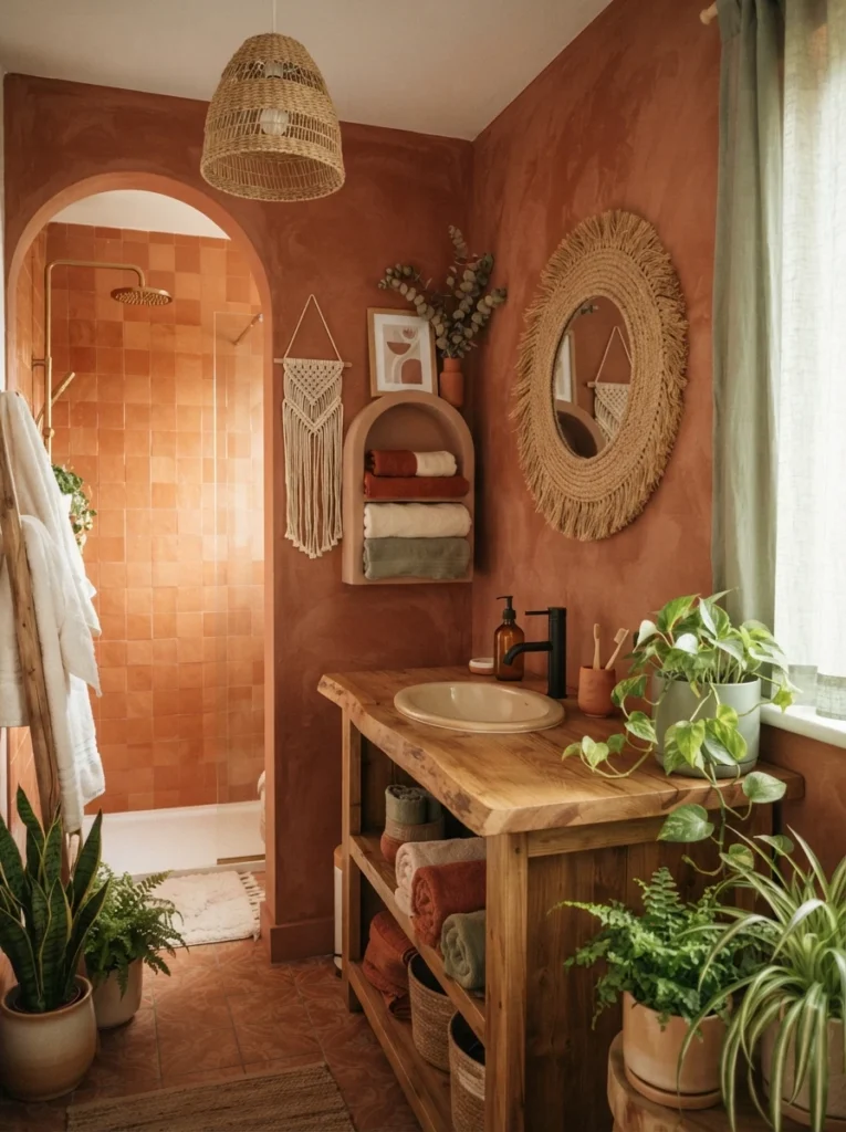 An earthy color palette of terracotta, rust, and sage in a boho bathroom, warm bathroom lighting, vertical Pinterest photography, warm earthy-palette styling.