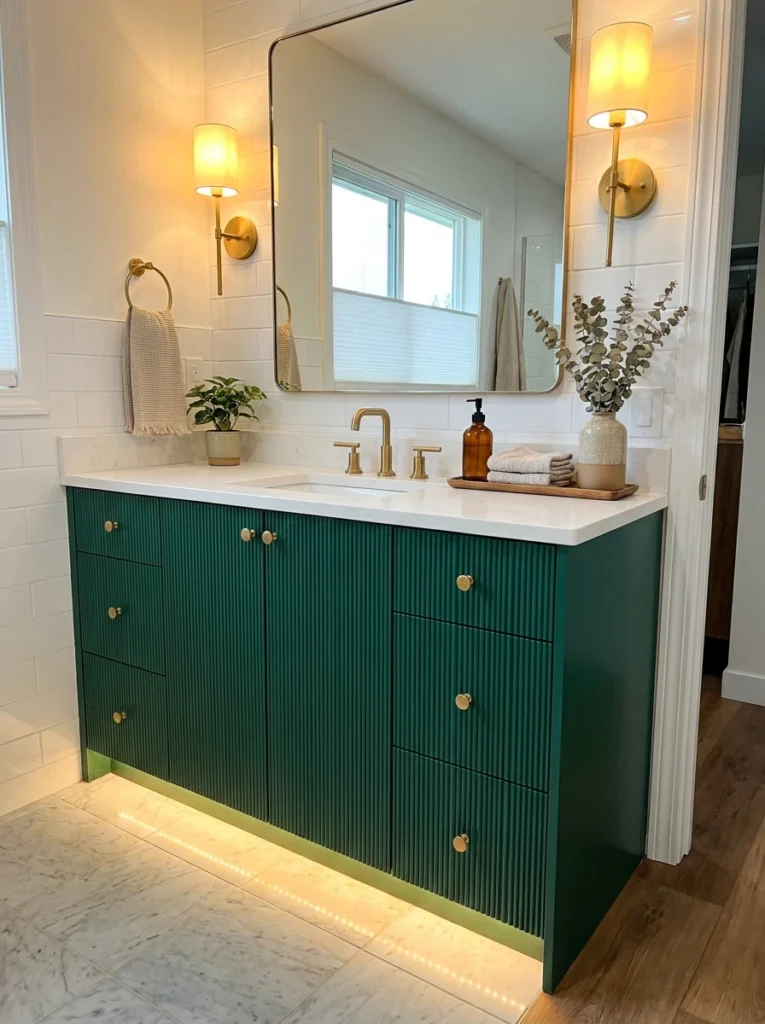 An emerald green vanity in a modern bathroom, richly colored against neutral surrounding surfaces, warm bathroom lighting, vertical Pinterest photography, warm colored-vanity styling.